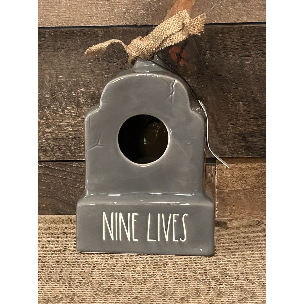 Rae Dunn "Nine Lives" Tombstone Birdhouse Halloween Ceramic‎ 5x5x7.5" NEW
